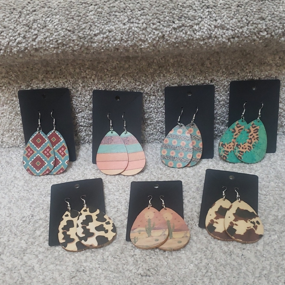 Colorful Patterned Teardrop Earrings Set Of 7 Wooden Hooked Back New
